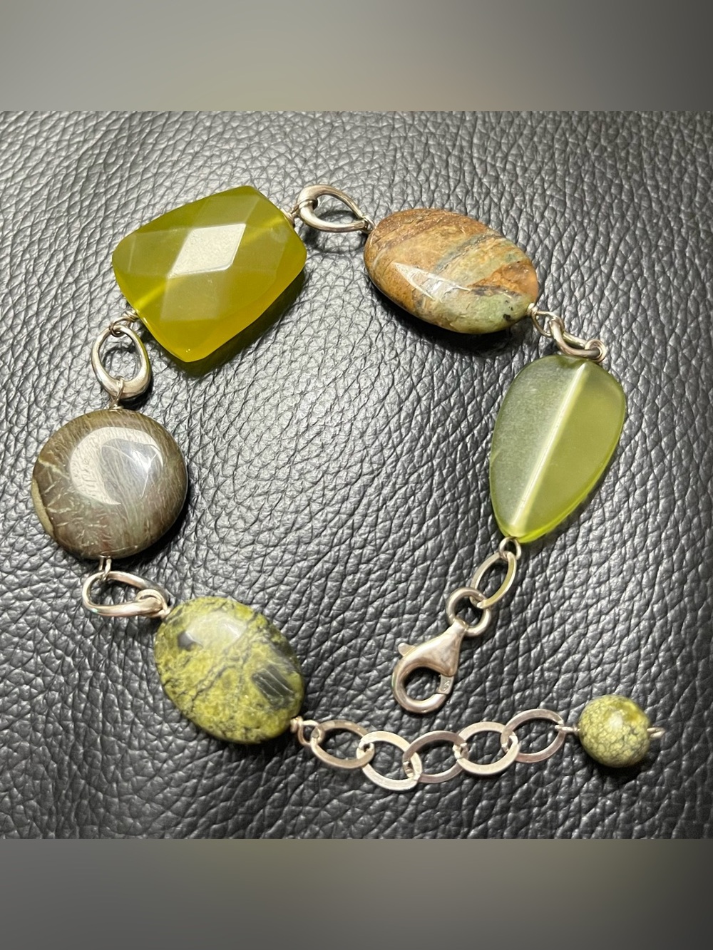 Artisan Green Mixed Natural Stone Link Bracelet - Sterling Silver